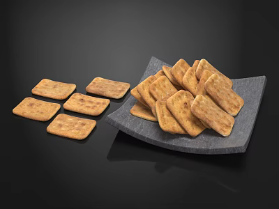 Crispy Golden Biscuits Arranged On Gray Plate And Table Surface 3d model