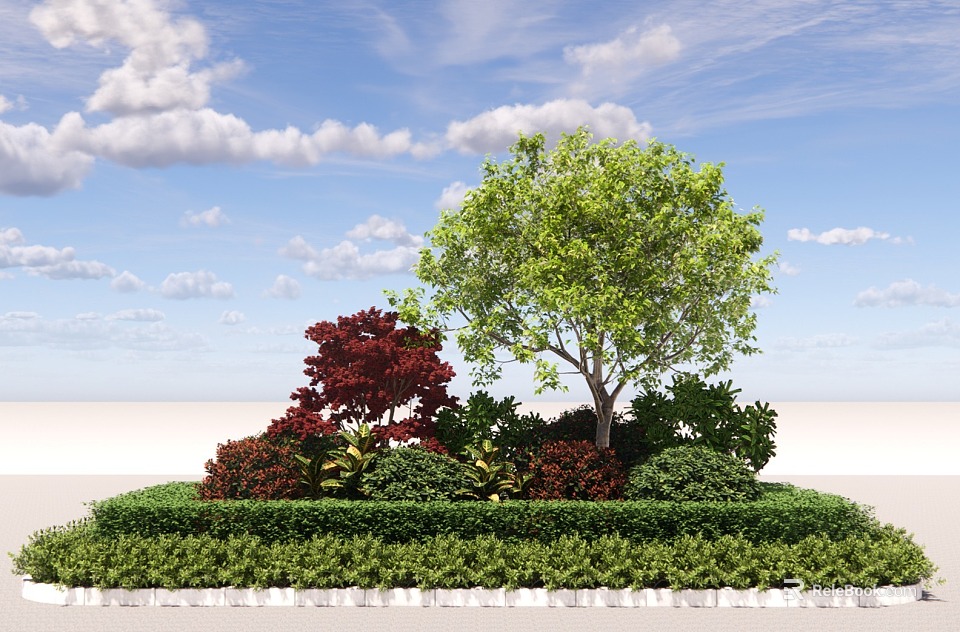Colorful Garden Shrubs With Red Leaf Plants Green Hedge And Tree Under Blue Sky 3d model 