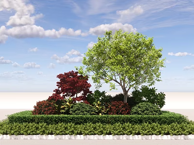 Colorful Garden Shrubs With Red Leaf Plants Green Hedge And Tree Under Blue Sky 3d model