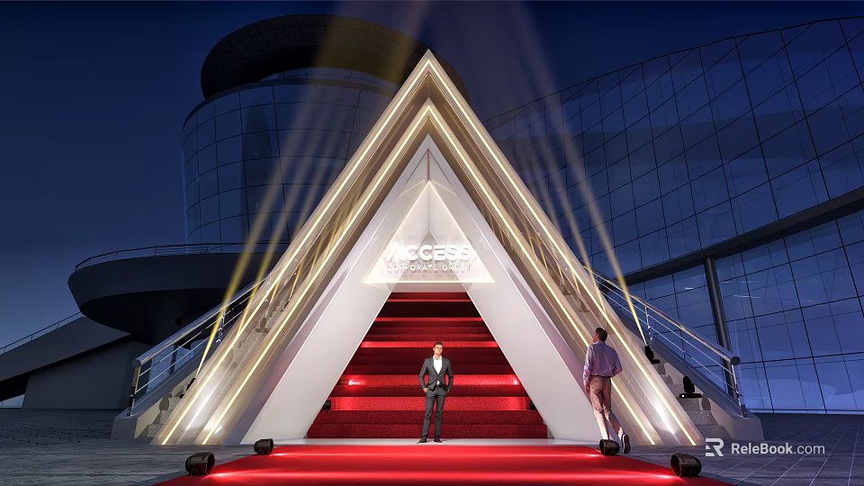 Modern Triangle Storefront Facade With Illuminated LED Lights And Red Carpet Stairs 3d model