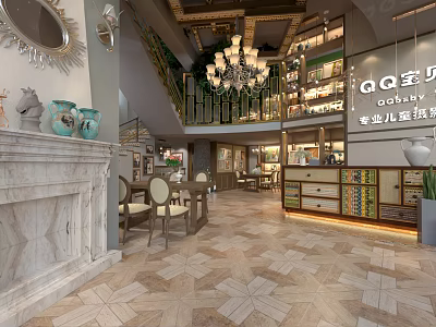 Elegant Children's Photography Mall Store Interior Featuring Marble Fireplace Chandelier Tables Chairs Decorative Vases And Mirror 3d model