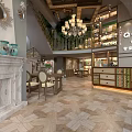 Elegant Children's Photography Mall Store Interior Featuring Marble Fireplace Chandelier Tables Chairs Decorative Vases And Mirror