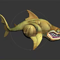 3D Fantasy Shark Character Model Featuring Yellow Body Open Mouth And Sharp Teeth