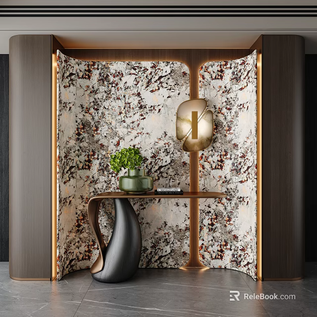Foyer Hallway Design With Patterned Wallpaper Gold Pendant Light Wooden Console Table And Green Plant 3d model 
