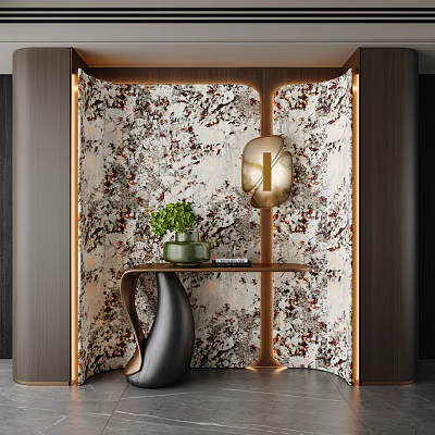 Foyer Hallway Design With Patterned Wallpaper Gold Pendant Light Wooden Console Table And Green Plant 3d model