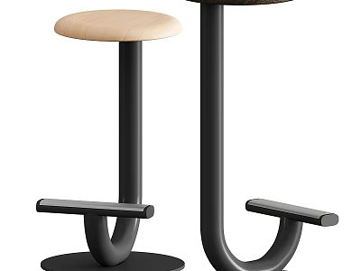 Modern Bar Stools With Light Wooden Seats And Black Metal Frames Featuring Footrests 3d model