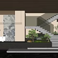 Front Desk Reception Featuring LOGO Ink Landscape Painting Staircase Bonsai Tree and Marble Floor