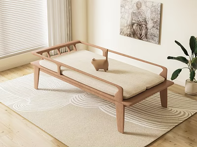 Modern Wooden Frame Chaise Lounge with Beige Cushion Wavy Pattern Rug and Green Plant 3d model