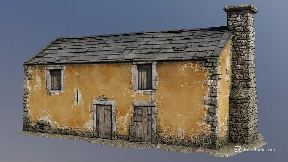 Traditional Yellow Cottage With Gray Slate Roof Stone Chimney Wooden Doors And Windows 3d model 