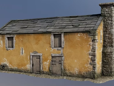 Traditional Yellow Cottage With Gray Slate Roof Stone Chimney Wooden Doors And Windows 3d model