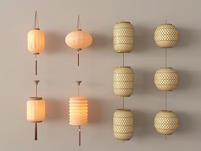 Light Colored Lanterns With Various Bamboo Woven And Paper Designs For Hanging 3d model