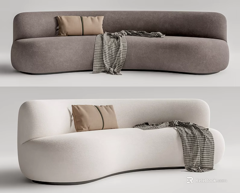 Modern Curved Multi Seater Sofa In Neutral Tones With Brown Pillows And Plaid Blanket 3d model 