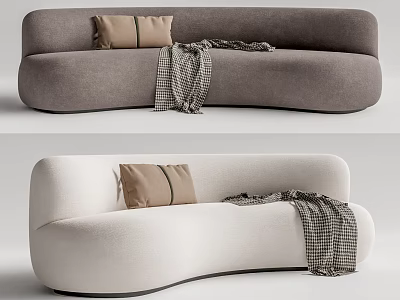 Modern Curved Multi Seater Sofa In Neutral Tones With Brown Pillows And Plaid Blanket 3d model