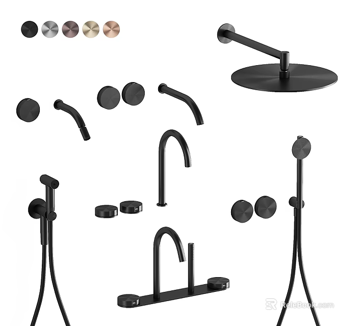Modern Black Shower Faucet Components Set With Round Head Handheld Sprayer And Control Knobs 3d model