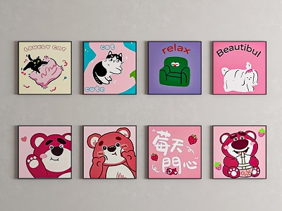 Hanging picture dopamine color strawberry bear kitten puppy pink 3d model