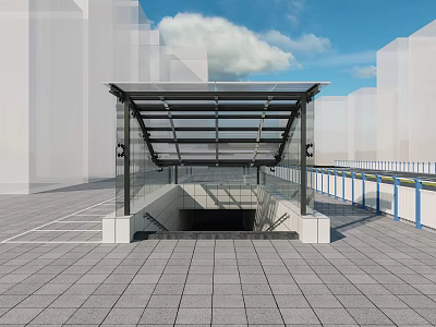 Modern Glass Structure Station With Underground Entrance Canopy And Plaza Tall Buildings Background 3d model