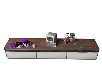 Decorative Ornament Set with Books Red Decor and Gray Box on Wooden Countertop White Cabinet 3d model