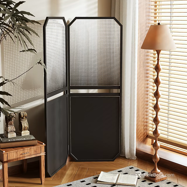 Modern Black Mesh Room Divider In Interior Space With Floor Lamp And Green Plant 3d model 