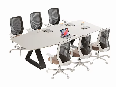 Modern Conference Table With Mesh Back Office Chairs Laptop And Meeting Supplies Setup 3d model