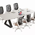 Modern Conference Table With Mesh Back Office Chairs Laptop And Meeting Supplies Setup