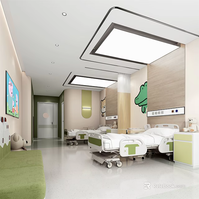 Modern Pediatric Ward Interior With Cartoon Decor Green Elements And Medical Beds 3d model 