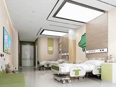 Modern Pediatric Ward Interior With Cartoon Decor Green Elements And Medical Beds 3d model
