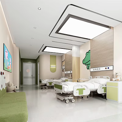 Modern Pediatric Ward Interior With Cartoon Decor Green Elements And Medical Beds 3d model