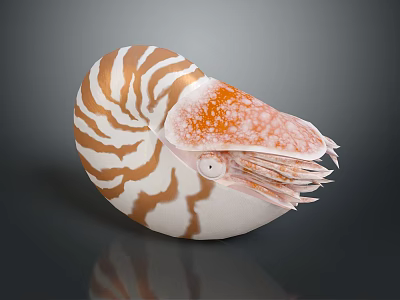 Nautilus Marine Animal with Brown White Striped Shell and Orange Spotted Tentacles 3d model