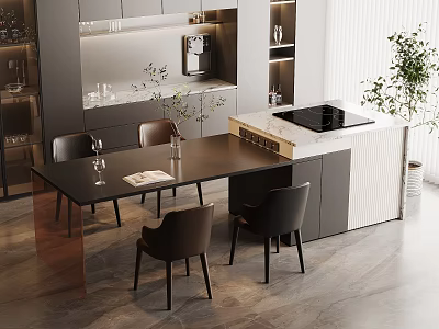 Modern Open Kitchen Dining Area With Marble Island Dining Table Chairs And Appliances 3d model