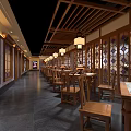 Traditional Hotpot Restaurant Interior With Wooden Furniture Hanging Lanterns And Chinese Decor