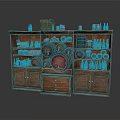 Vintage Wooden Display Cabinet With Barrels Glass Jars And Storage Shelves