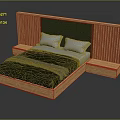 Double Bed With Wooden Vertical Slats Headboard Green Upholstered Panel And Matching Nightstands
