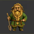 Fantasy Dwarf Character In Green Outfit With Golden Long Hair And Braided Beard Holding Shovel