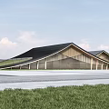 Modern Museum Building With Sloped Black Roof Wooden Structure And Grassy Landscape 3d model