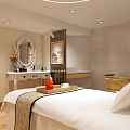 SPA Sauna Interior With Wooden Bucket Treatment Bed White Sheets And Red Teacup On Tray