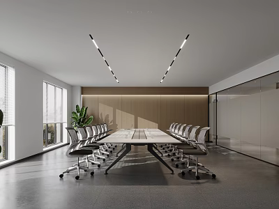 Modern Conference Room With Long Table Wheeled Chairs Large Windows Green Plant And Linear Lights 3d model