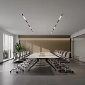 Modern Conference Room With Long Table Wheeled Chairs Large Windows Green Plant And Linear Lights
