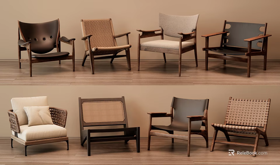 Various Modern Leisure Chairs With Wooden Frames Rattan And Fabric Seats In Interior 3d model 