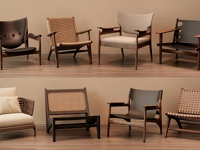 Various Modern Leisure Chairs With Wooden Frames Rattan And Fabric Seats In Interior 3d model