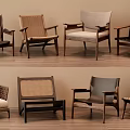 Various Modern Leisure Chairs With Wooden Frames Rattan And Fabric Seats In Interior