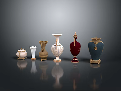 Carved Sculptural Vases With Various Colors And Ornate Decorative Details 3d model