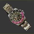 Stylish Metal Strap Watch With Black Dial And Pink Red Bezel Design