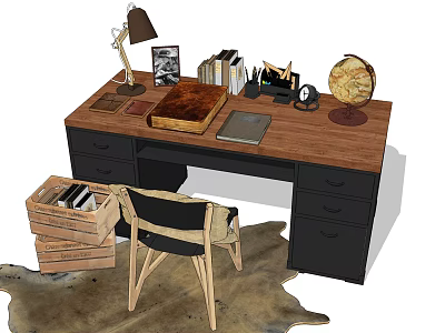 Wooden Home Office Desk With Lamp Globe Books Chair And Organized Drawers 3d model