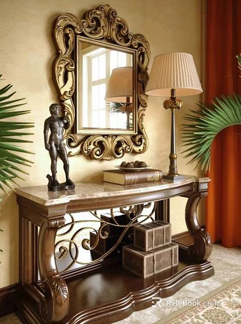 Elegant Console Table With Marble Top Gold Framed Mirror Table Lamp And Palm Leaves 3d model 