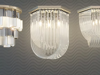 Three Modern Crystal Chandeliers With Glass Designs Against Gray Wavy Wall Background 3d model