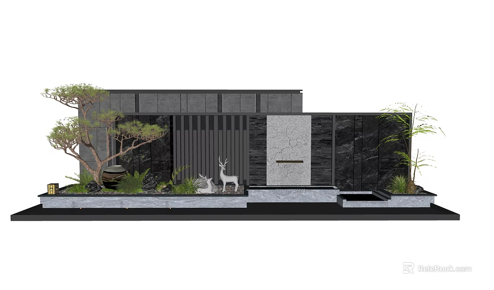 Modern Landscape Feature Wall With Slatted Metal Stone Panels Deer Sculptures And Green Plants 3d model 