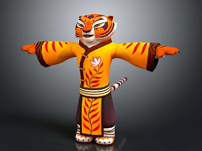 Cartoon Tiger Character In Traditional Yellow Outfit With Lotus Pattern Wide Sleeves And Open Arms 3d model