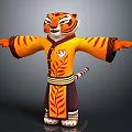 Cartoon Tiger Character In Traditional Yellow Outfit With Lotus Pattern Wide Sleeves And Open Arms