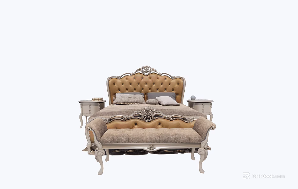Ornate Upholstered Double Bed With Carved Headboard And Nightstands 3d model 