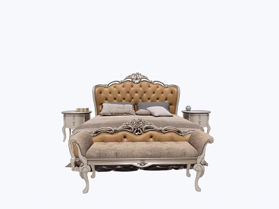 Ornate Upholstered Double Bed With Carved Headboard And Nightstands 3d model